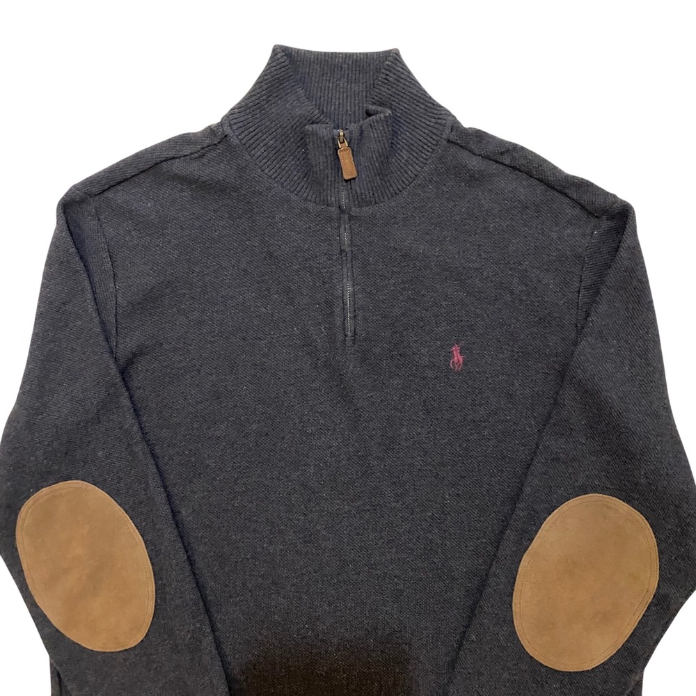 Polo Ralph Lauren Men's Gray Pima Cotton Quarter Zip Sweater Sz L Elbow Patches - Picture 5 of 15